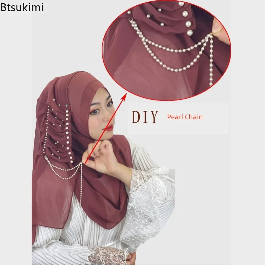 Élégant mousseline de soie Hijabs femmes musulmanes Hijab perle gland conception longue écharpe Turban châles islamique tête enveloppement pour les femmes foulard