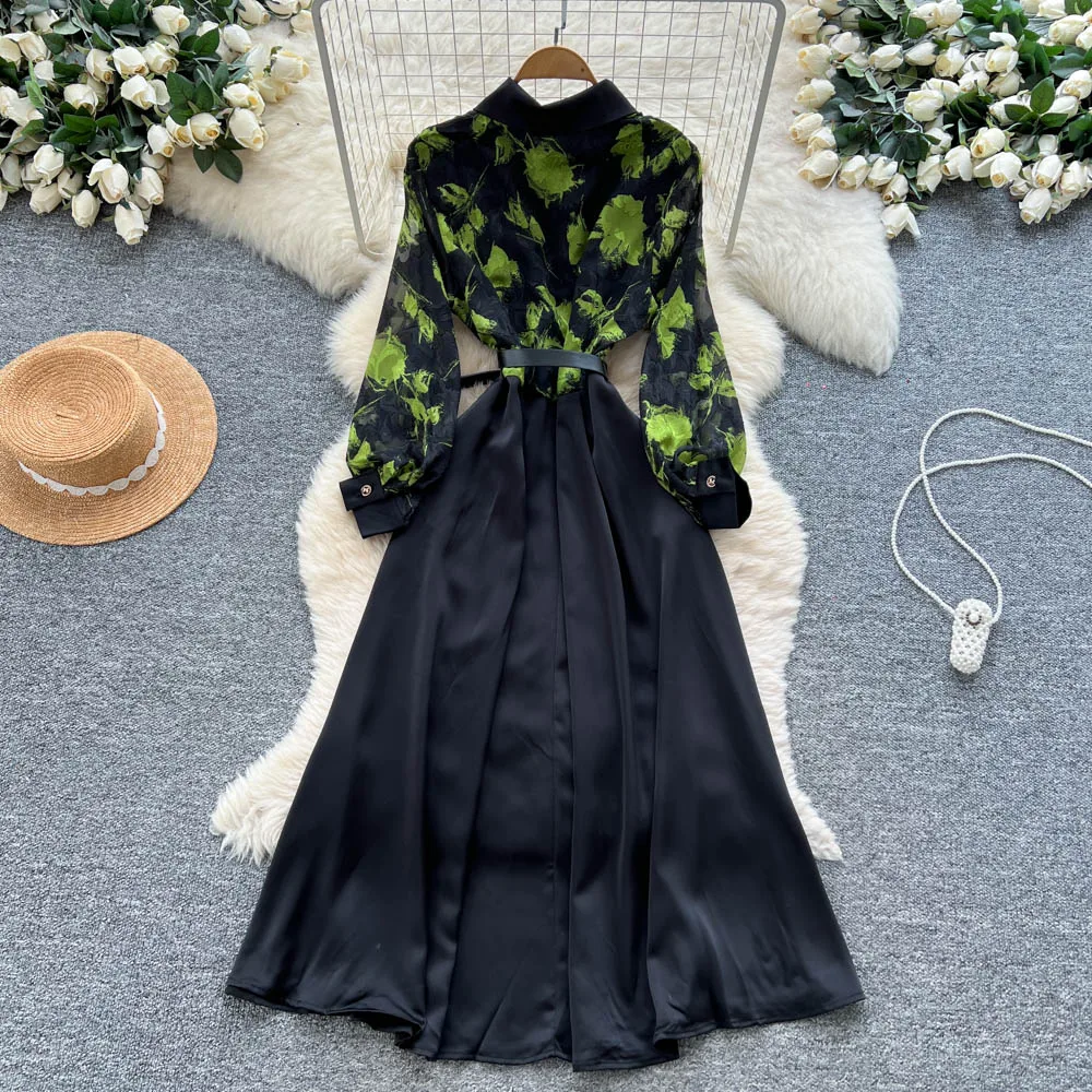 vintage Elegant satin print long sleeve dress Chic Vestidos Women Fashion Retro Party ceremony dresses