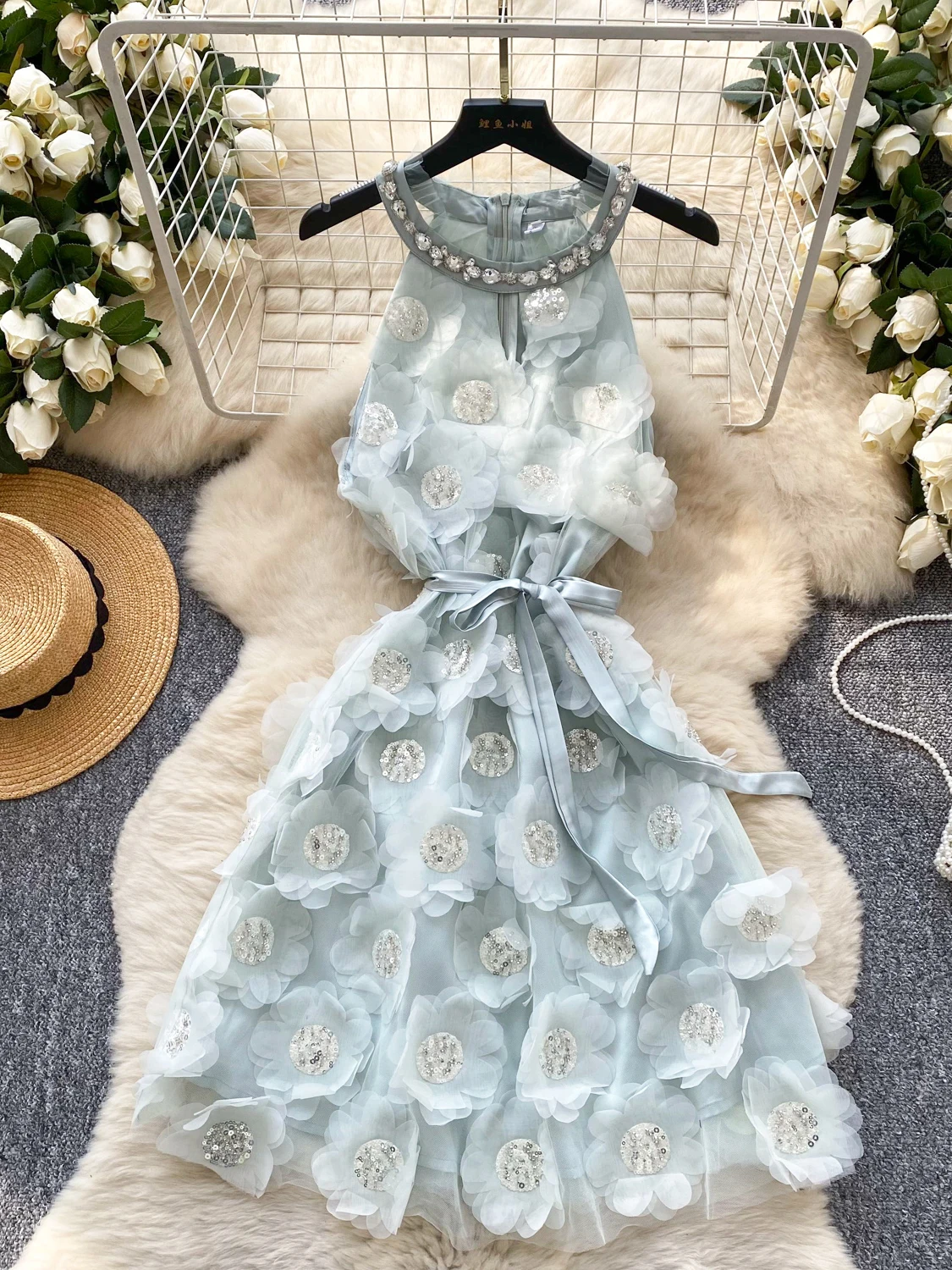 Ele Embroidered Beads Floral Svel Ne Hanging Dr Women's Summer Waist Cinching ort Dr Korean Sle High Wa...