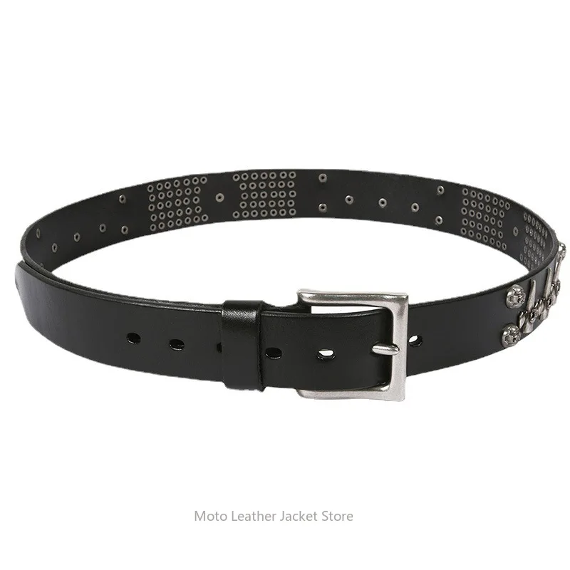 New Punk Style First Layer Cowhide Belt for Men DJ, Skull Design Versatile Leather Waistband