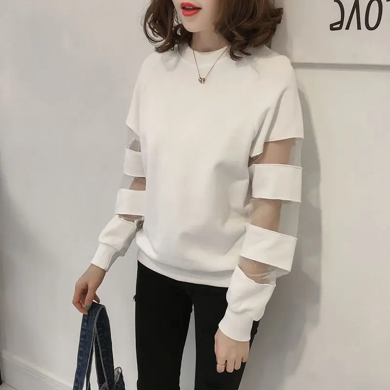 Fashion Korean Gauze Patchwork T-shirt Casual Female Clothing Solid Color All-match Long Sleeve Spring Autumn O-Neck Pullovers