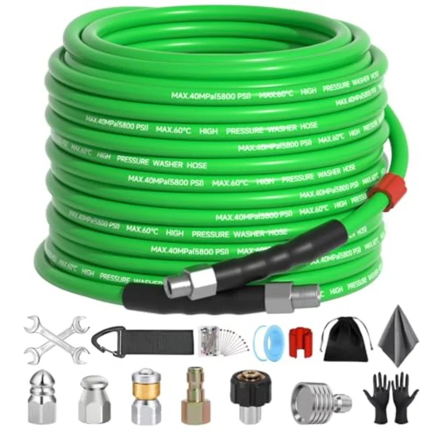 

Sewer Jetter Kit for Pressure Washer 50 FT Drain Cleaner Hose 1/4 Inch NPT Corner with Pressure Washer Tips Button Nose and Rot