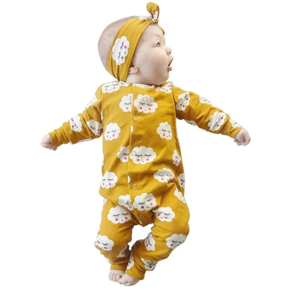 Newborn Infant Baby Girls 2pcs Clothes Set Spring Autumn Long Sleeve Clouds Printed Romper Jumpsuit with Hairband Toddler Outfit