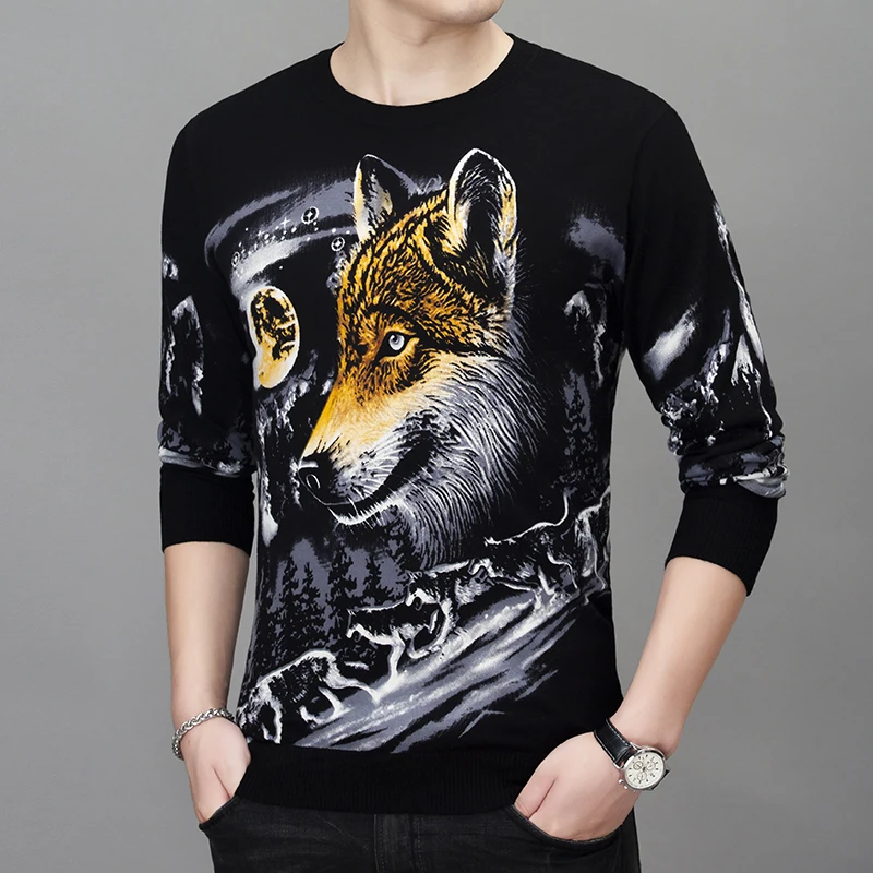 Wolf Head 3D Print Classic Pullovers Sweaters For Men Oversized Spring Quality Silky Fashion Casual Knitted Sueteres Para Hombre