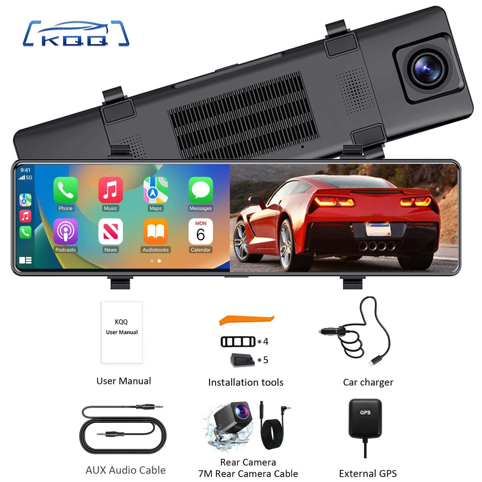 

KQQ 12" 4K Mirror Dash Cam with WiFi Video Loop Recording Bluetooth GPS Navigation Voice Control Wireless Carplay Android Auto