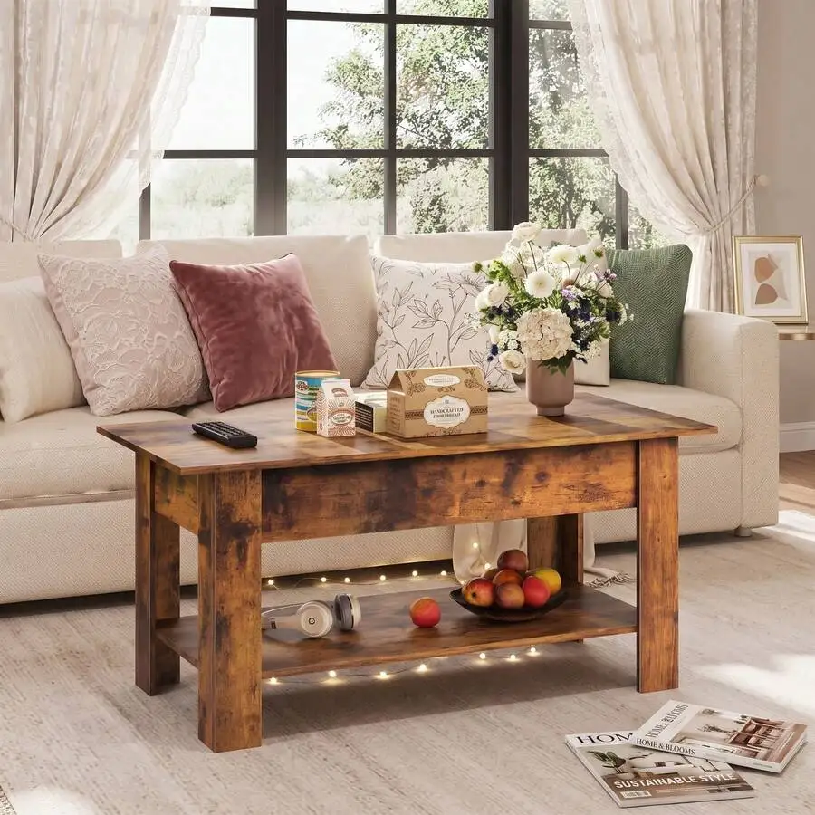 WLIVE 39 Inch Lift Top Coffee Table With Hidden Storage Compartment & Open Shelf, Rustic Wood Coffee Table With Storage For Livi