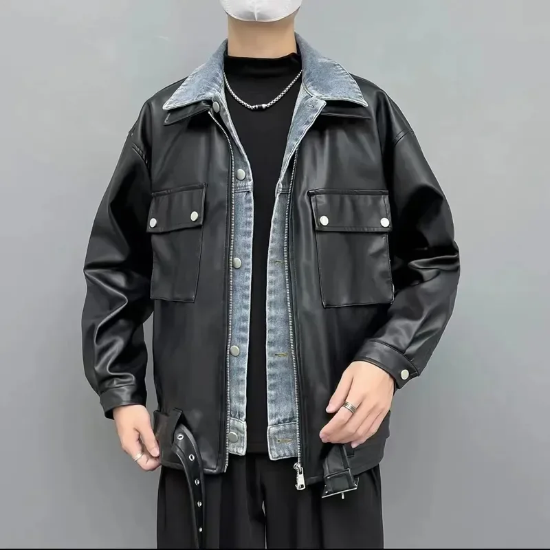 

GELITAYIN Men's Denim Leather Jackets Zip V Spring Autumn Splicing High Quality New In Male Coats Original Brands Vintage Cheap