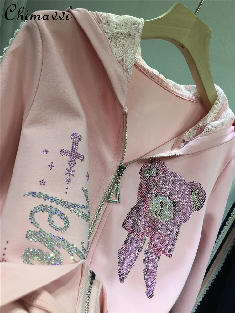 

Европейская тяжелая куртка со стразами, женский кардиган с капюшоном и милым медведем + длинные брюки, осенне-зимний новый модный комплект из двух предметов для милых девочек