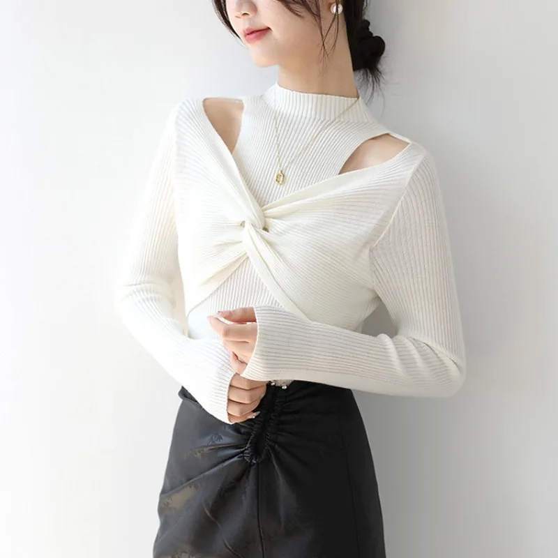 Women's Hollow Twisted Long Sleeve Top Fall Winter Temperament Off-shoulder New High Neck Pullover Tight-fitting Solid Knitwear