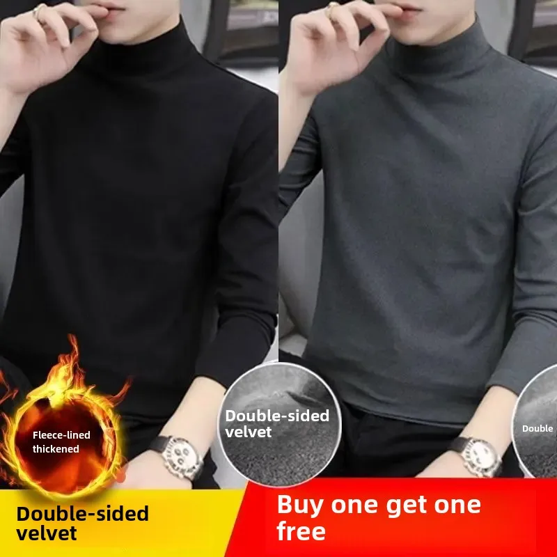 Double-Sided Fleece Long Sleeve T-Shirt For Men Autumn/Winter Half Polo/Turtle Neck Base Layer Top Inner Warm Top