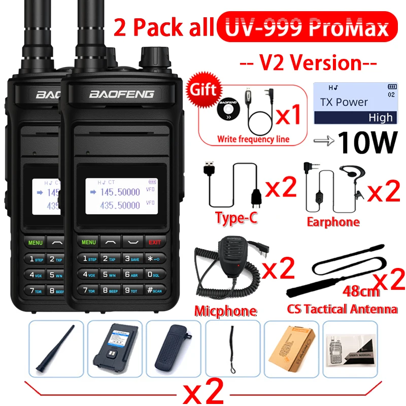 BAOFENG-walkie-talkie piezas Pro Max, transceptor de mano Profesional de alta potencia de 10W, banda Dual, Radio de caza de 2 vías, 2 UV-999, 2023