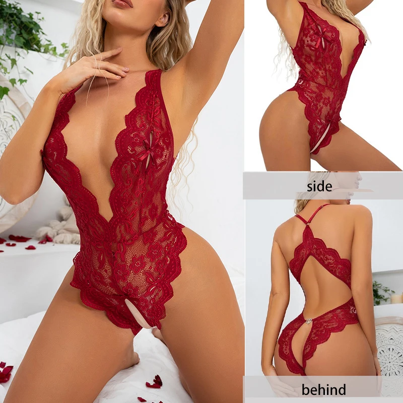 Women Sexy Lace Lingerie Hollow Bra Set Deep V Open Bra Porn Underwear Set Hot Sexy Transparent Bodysuit Dress