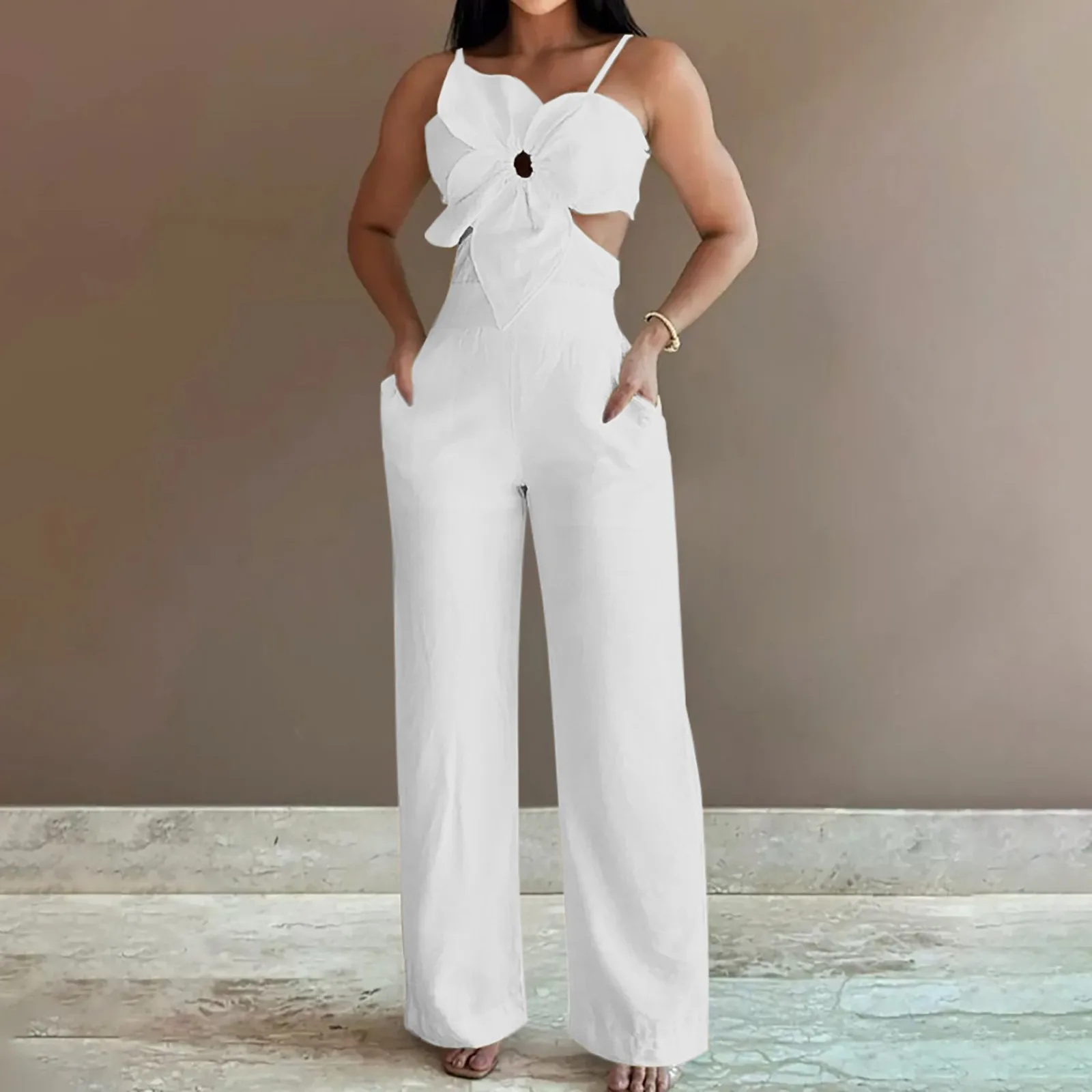 Wide Leg Pants Hollow Out Jumpsuits, Women Summer Sexy Sleeveless Solid Playsuits, New Patchwork Loungewear