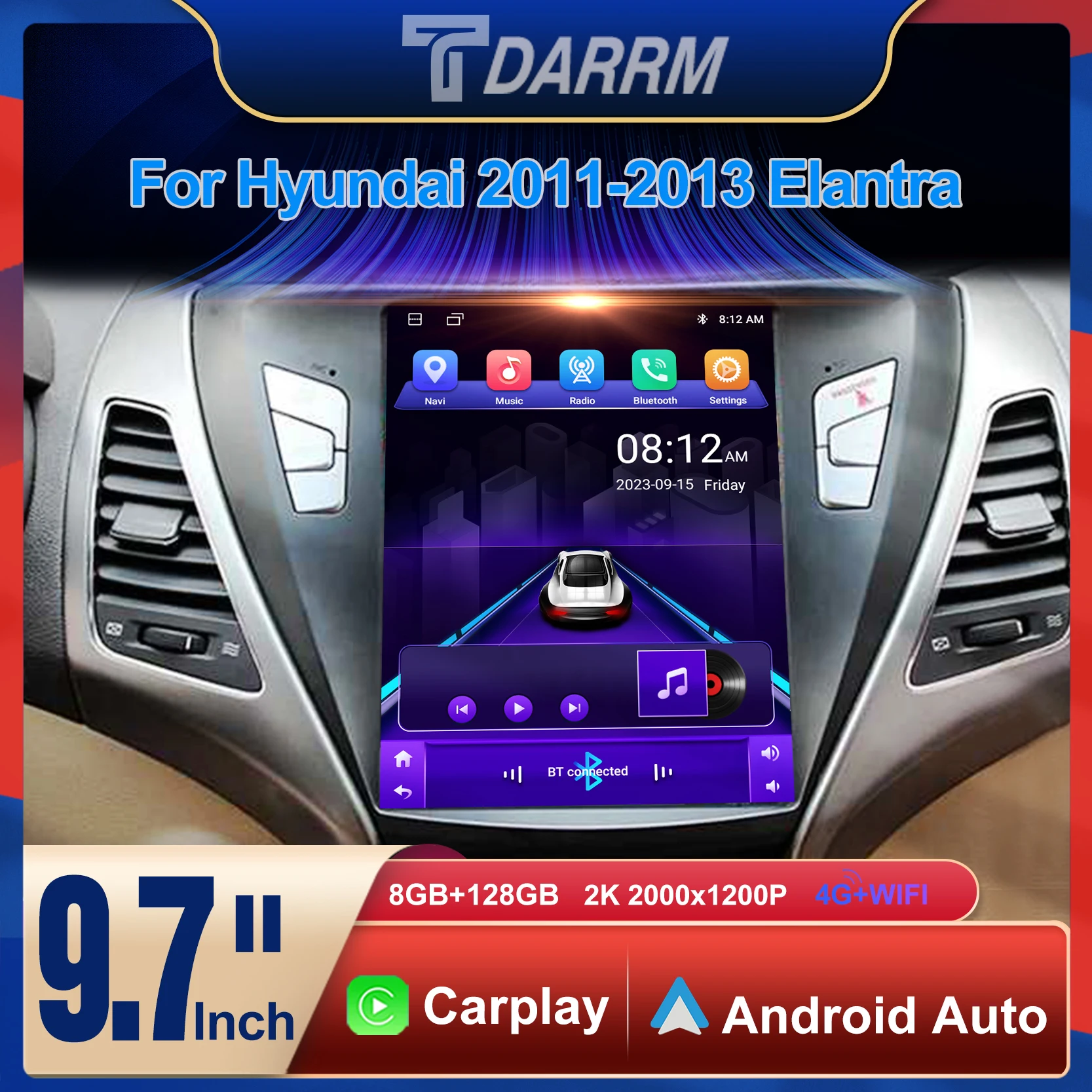 

For Hyundai Elantra 2011-2013 Car Radio Auto Android 13 Video 9.7inch Player Head Unit Stereo 4G WIFI CarPlay GPS Car Multimedia