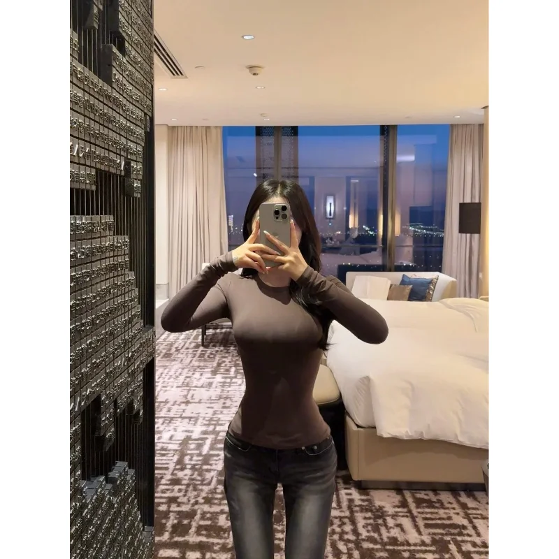 Retro American Hot Girl Long Sleeve T-Shirt Women's Autumn Winter Inner Wear Slim Fit Waist Cinched Tight Elastic Top