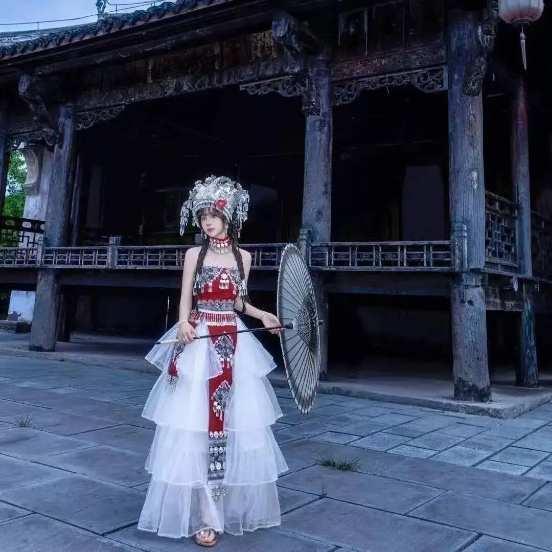 Traje Tradicional Hmong de Verano para Mujer, Hanfu Chino, Disfraz de Cosplay para Fiesta en la Playa de Hawái, Falda de Pastel Hmong para Mujer