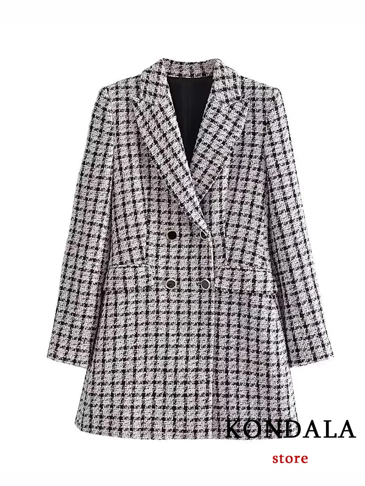 

KONDALA Vintage Office Lady Blazer Women Plaid V Neck Long Sleeve Double Breasted Oversized Long Jacket Fashion 2023 Autumn Coat