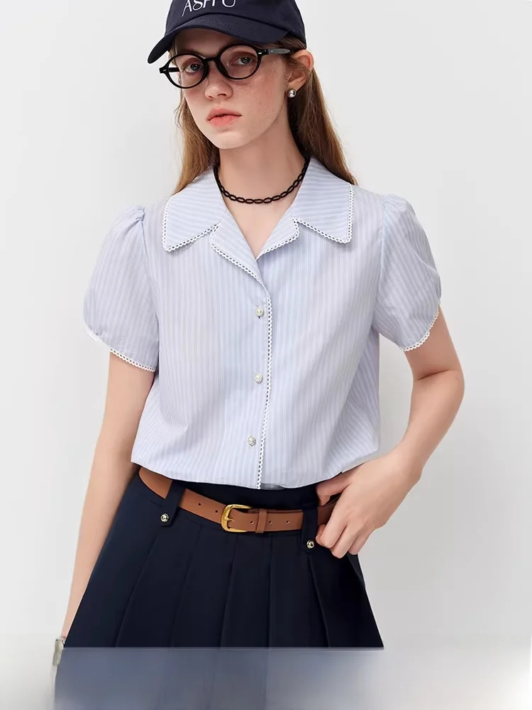 

Casual Striped irt Women's Collar Patchwork Commute Versatile Cotton ort Sve Flip Collar Regular Fit Summer New Sle