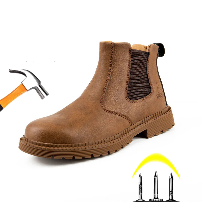 Safety Work Shoes For Men Steel Head Water Proof Leather Boots Male Footwear Indestructible Construction Work Shoes Brown