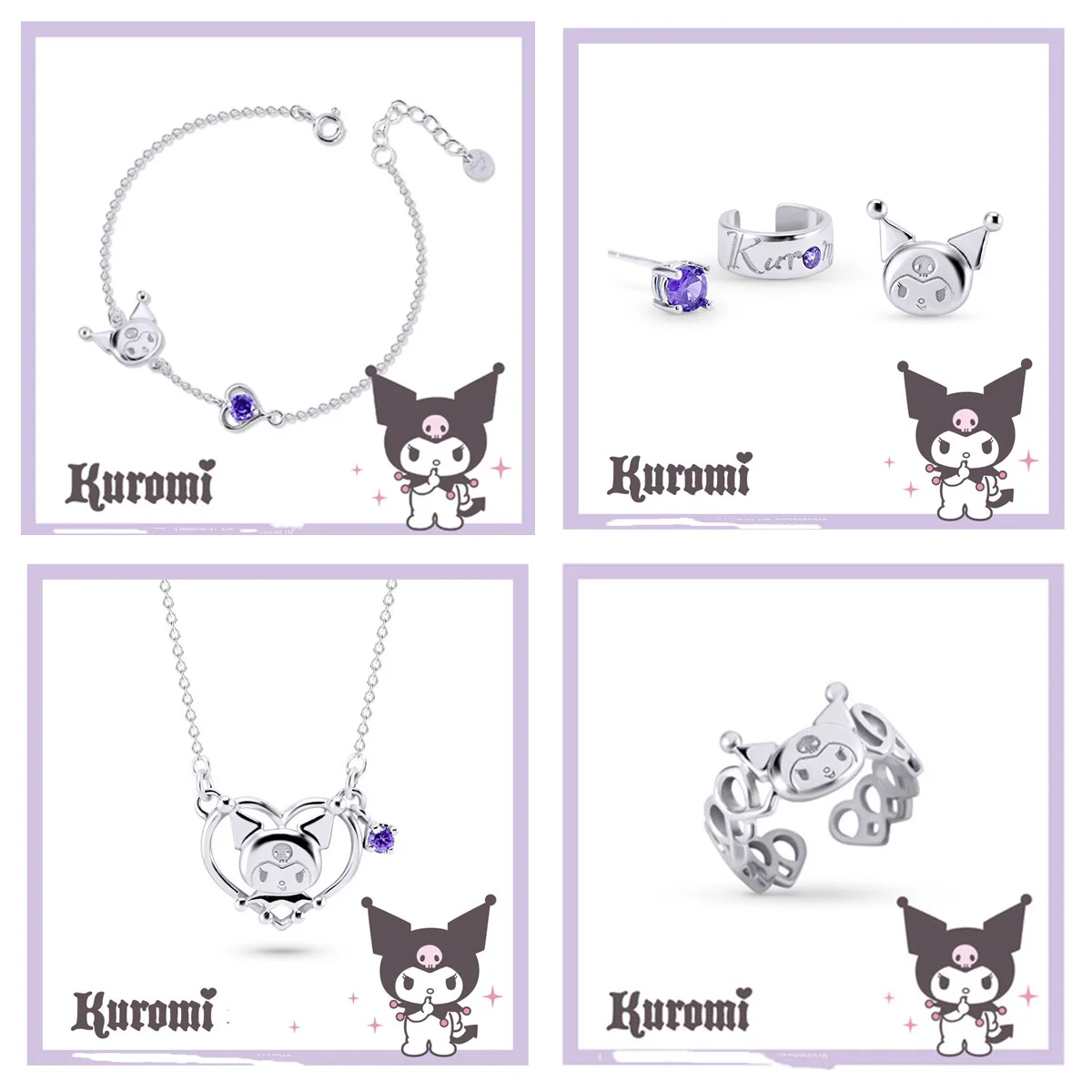 

4Pcs/set Sanrio Kuromi Necklace Ring I.love.kuromi Necklace Kawaii Jewelry Niche Fashion Cartoon Exquisite Jewelry Friend Gift