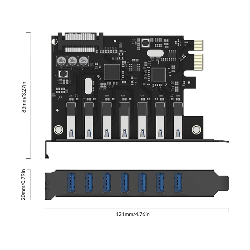 Cartão USB 3.0 PCI-E Express com um conector de alimentação SATA de 15 pinos, super velocidade, 7 portas, adaptador PCIE
