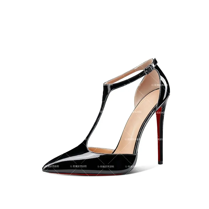 كعب عالٍ من الجلد اللامع مدبب مثير للغاية للنساء، كعب رفيع، صنادل عصرية بحزام على شكل حرف T