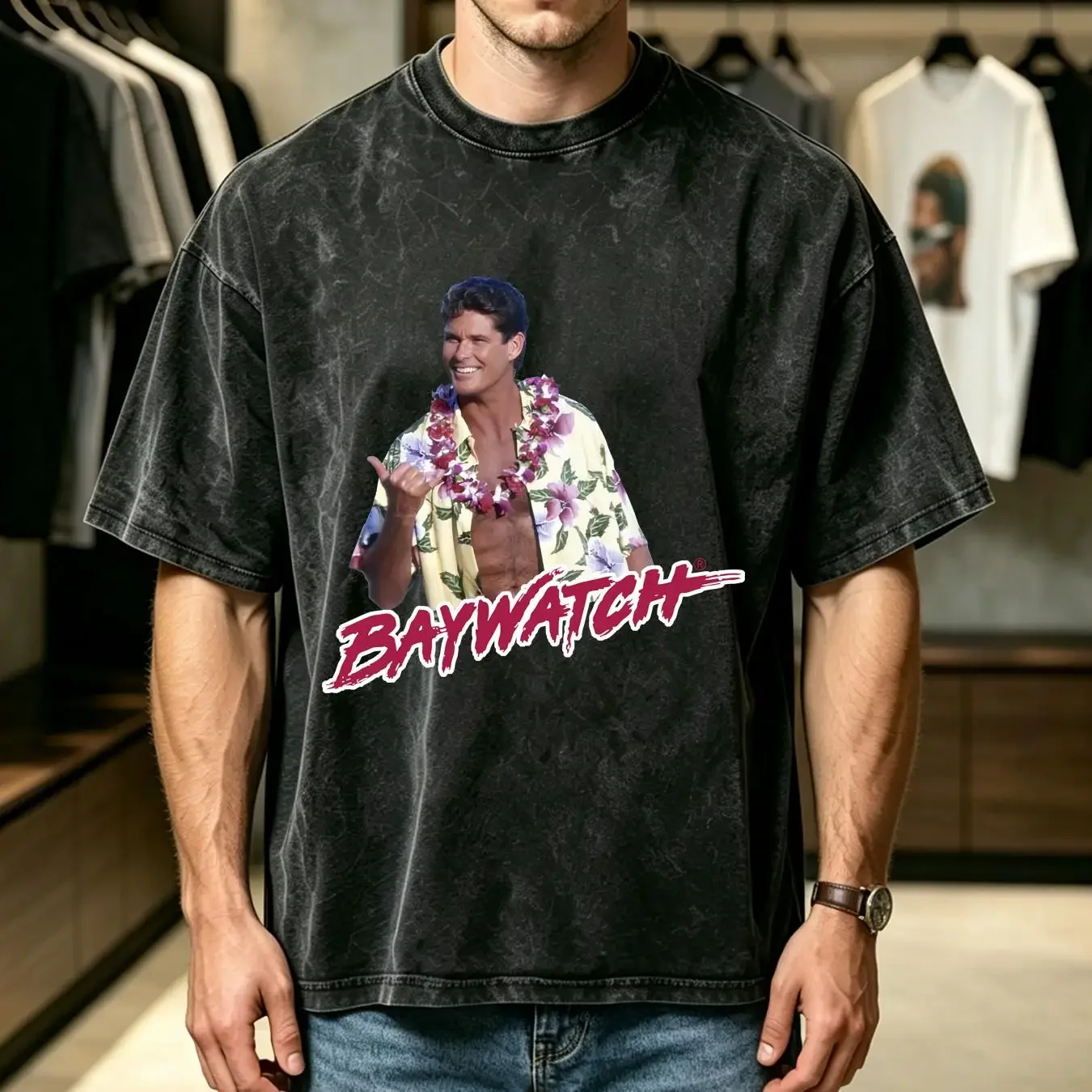 washed T Shirt Baywatch Mitch in Hawaii Men's Aloha David Hasselhoff vintage Washed Versatile Stylish Slightly designer clothes