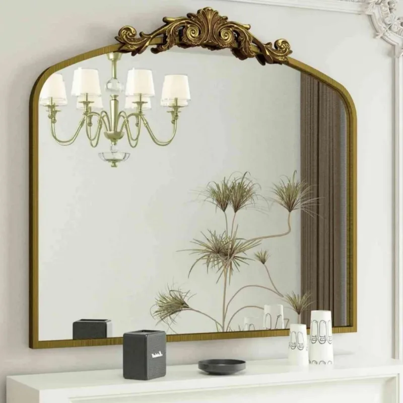 Light Luxury  Gold Solid Wood Frame Mirror Living Room Standing Fireplace Mirror Decoration Large Arch Smart Bathroom Mirror
