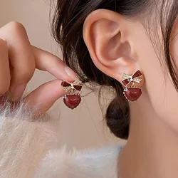 Wine Red Heart Pendants Women's Hanging Earrings Rhinestone Bowknot Top Imitation Pearl Korean Elegant Party Ear Jewelry 2024