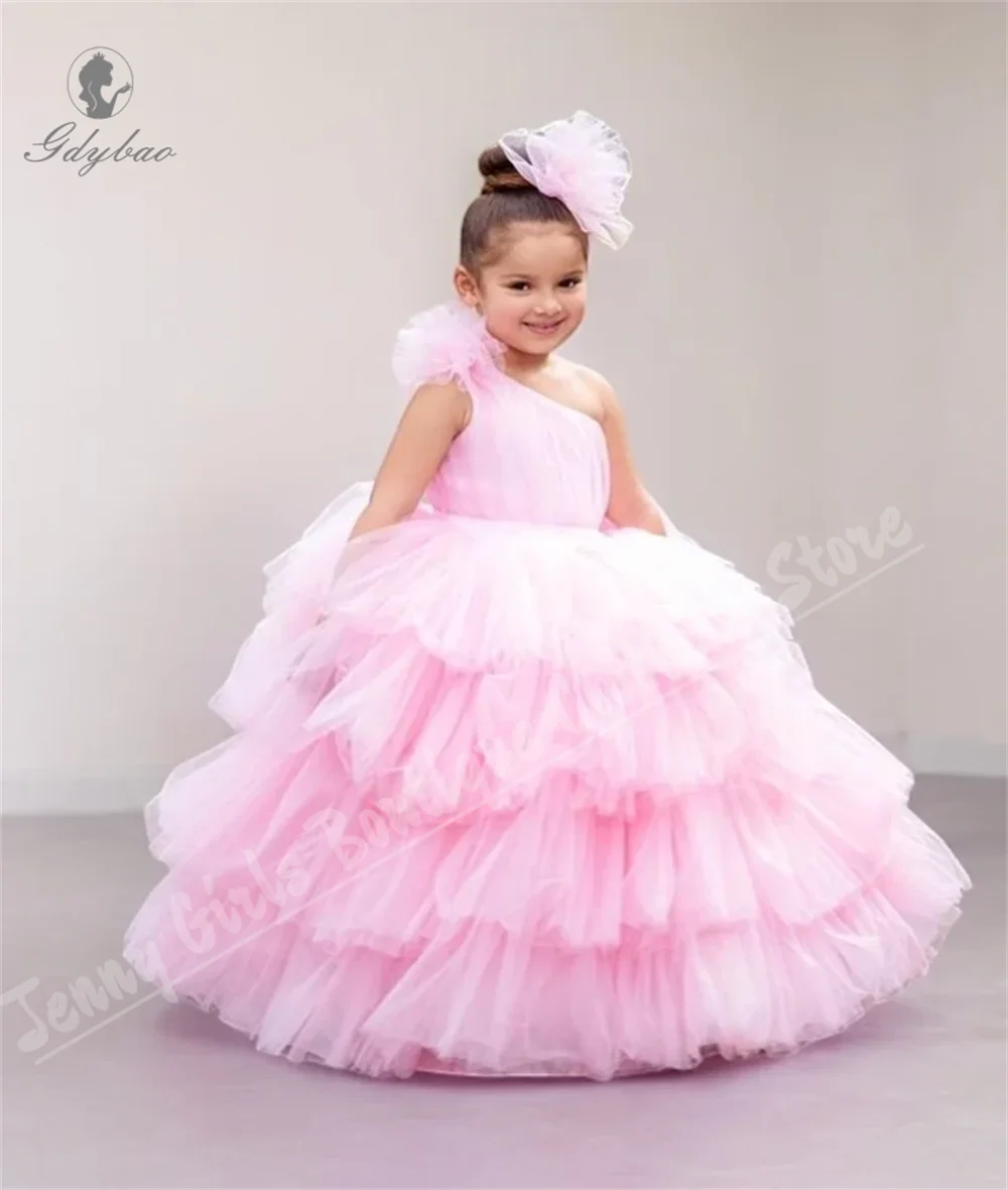 

Pink One Shoulder Fluffy Flower Girl Dress Layered Toddler Children's Birthday First Wedding Bridesmaid Communion Dress