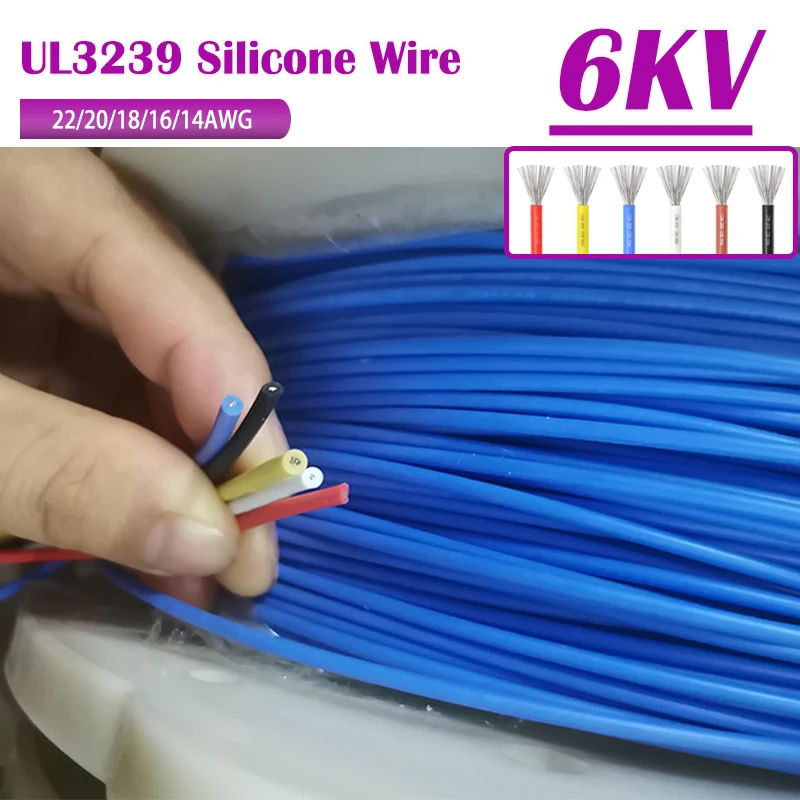 

1/5/10M 6KV UL3239 Silicone Wire 22 20 18 16 14AWG Insulated High Temperature High Voltage Soft Tinned Copper Cable