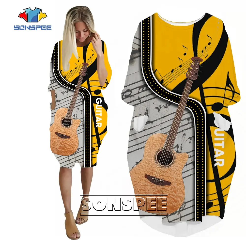 

SONSPEE 3D Printing Musical Notes Women's Dress Street Guitar Rock Pockets Skirt Personality Long Sleeve Hip Hop Music Fan Gown