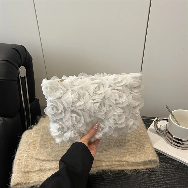 Black Women Portable Makeup Bag Large Capacity White Lace Flowers Cosmetic Pouch Handbag Ladies Travel Toiletry Storage Bag