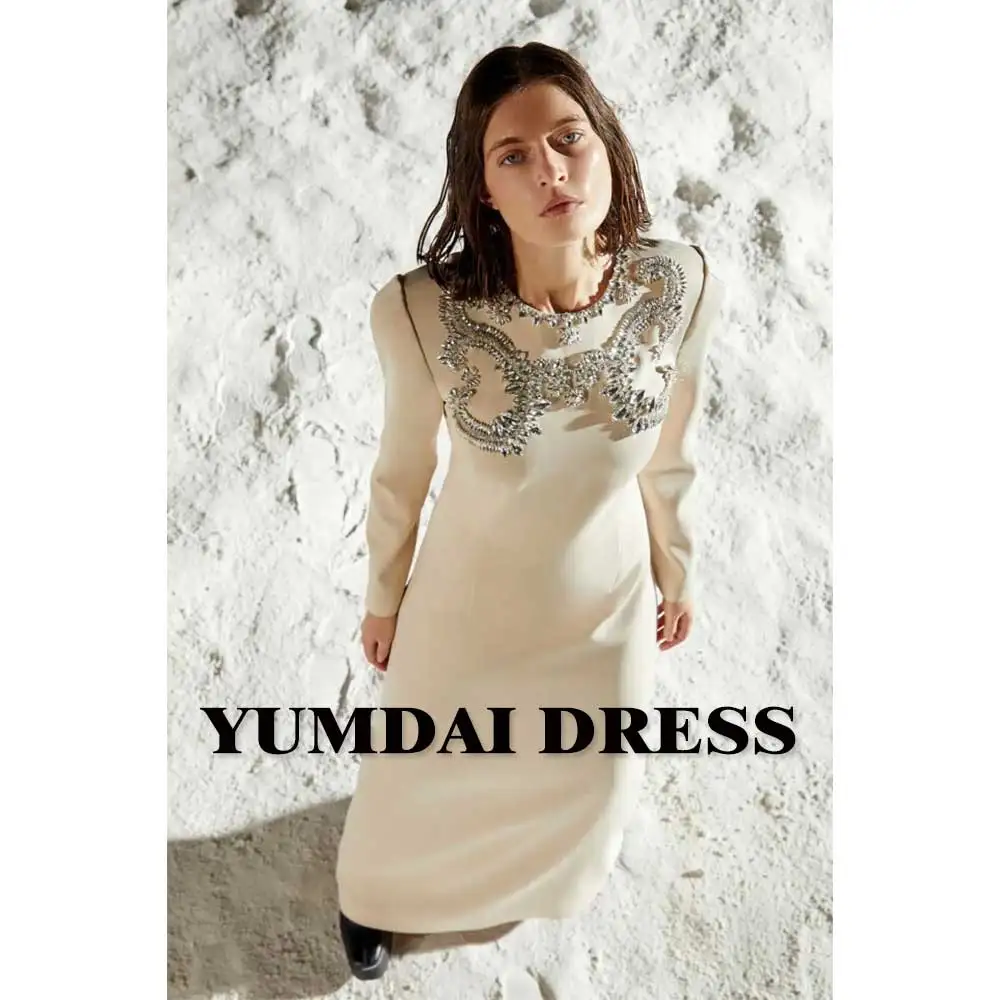 YUMDAI-vestido de lujo de Dubái para mujer, traje de baile de manga larga, color Beige, elegante, Formal, para banquete de boda y noche, Otoño, 2023