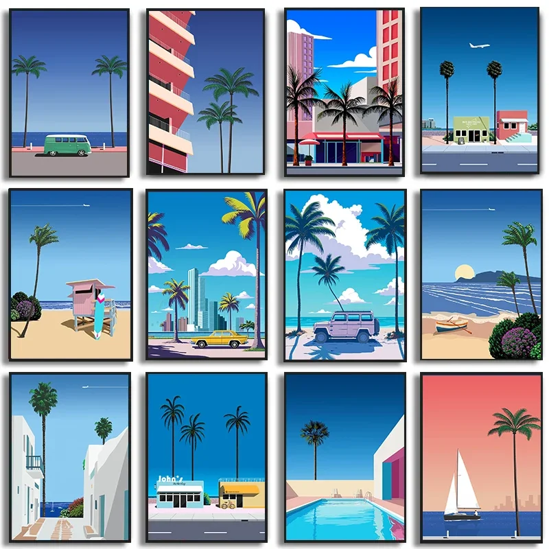 （2D Canvas painting） Hiroshi Nagai Palm Springs Sunset Pool Car Print Retro Japanese Pop Poster Wall Art Canvas Painting Muse