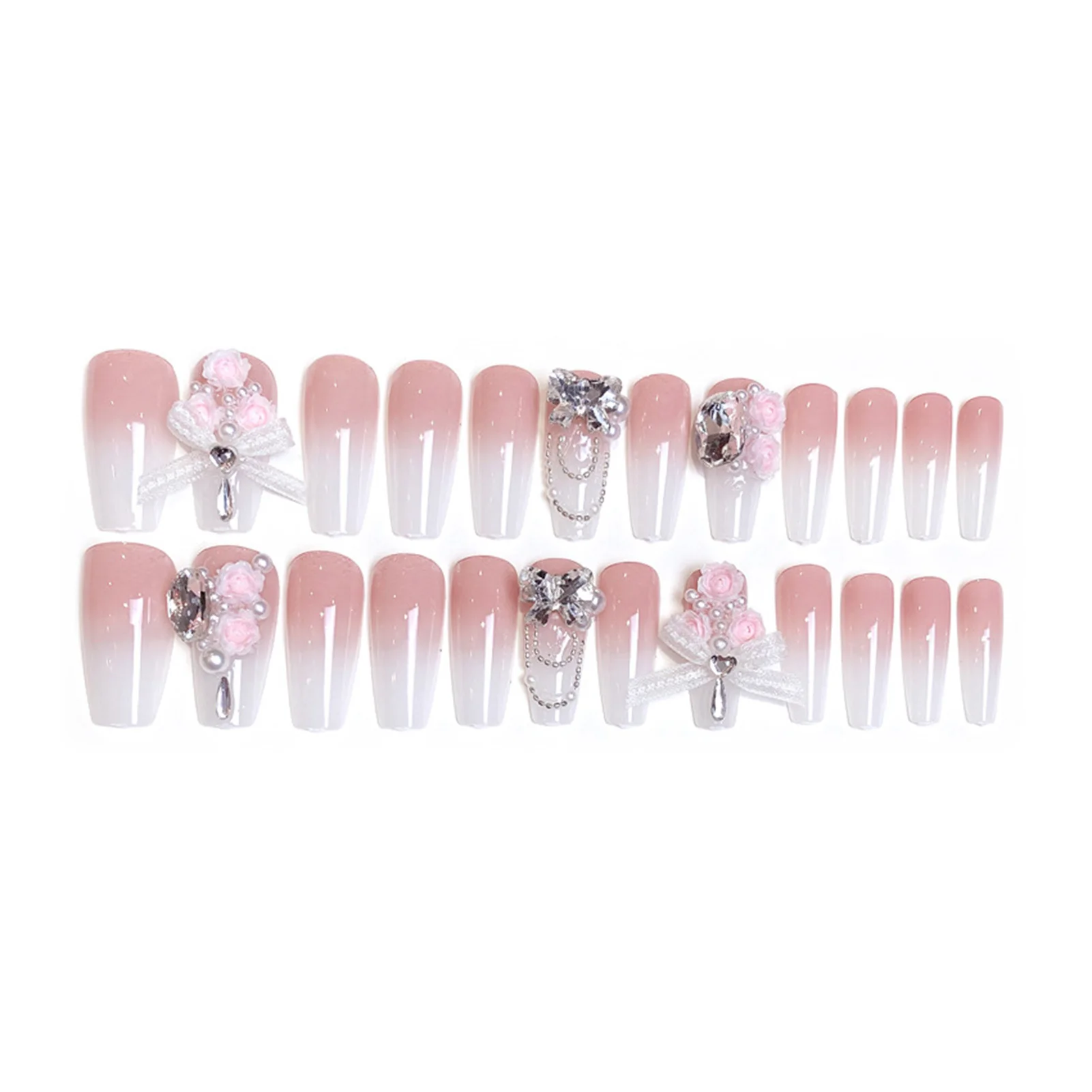 Handmade Pink False Nails with Rhinestone Natural Unbreakable Nail Simple Wear for Stage Performance Wear