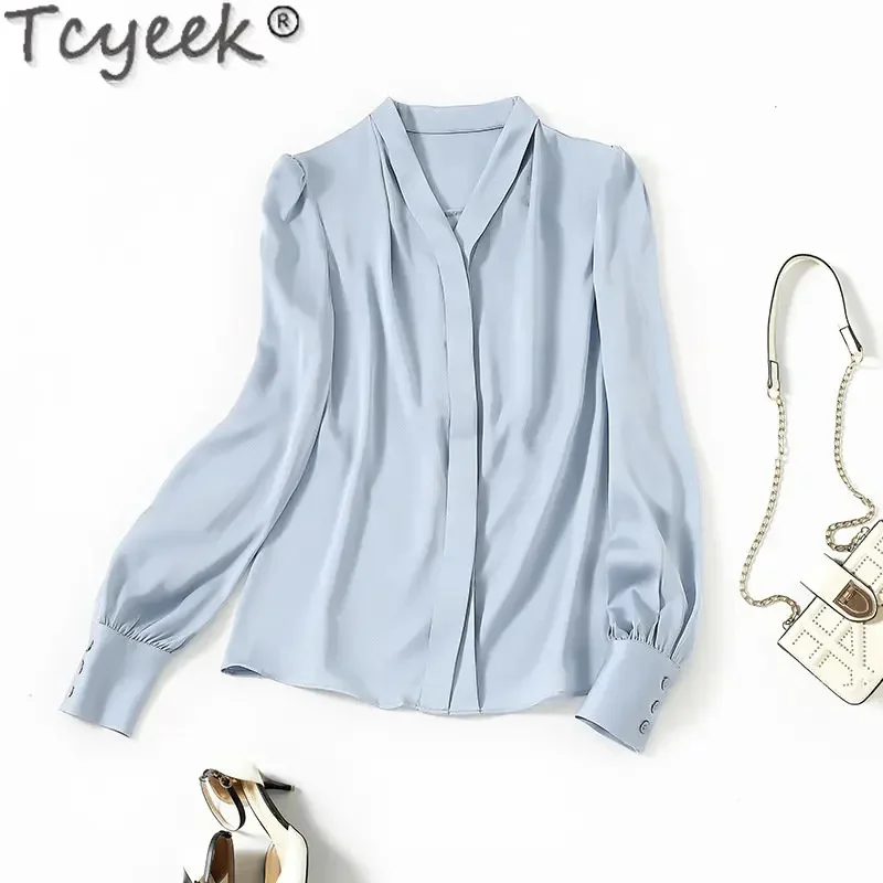 

High-end Tcyeek Elegant Women's Shirts Long Sleeve Top Women Clothes Real Blouse Spring Summer 100% Mulberry Silk Tops LM