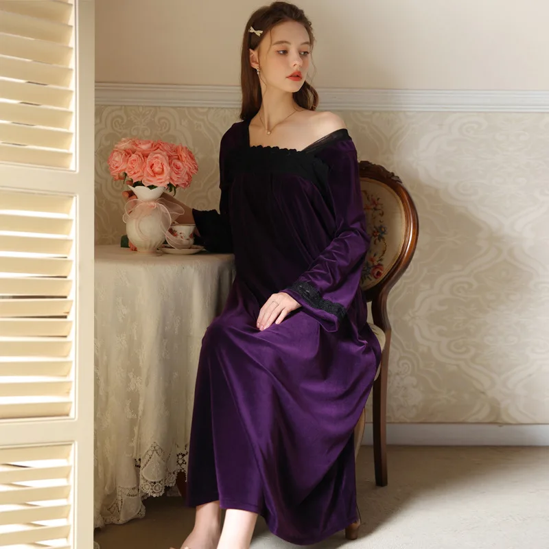 Winter Vintage Princess Velvet Long Night Dress Velour Retro Royal Nightwear Square Collar Sleepwear Nightgowns for Women