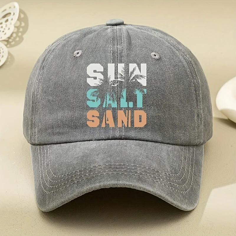 

Sun Salt Sand Slogan Baseball Cap Coconut Tree Printed Solid Color Washed Distressed Dad Hats Breathable Adjustable Sports Hat