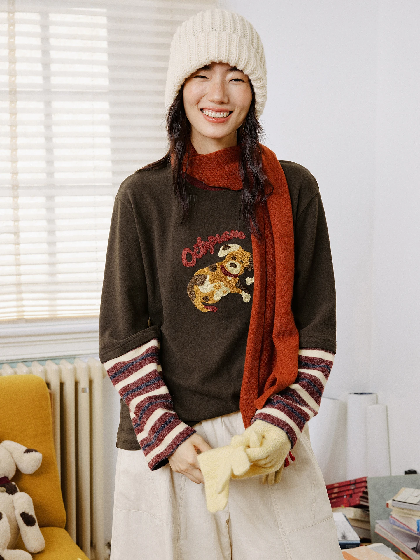 

Octopusme Casual Sle Loose Fit Long Sve T-irt Women's Patchwork Design Dog Stripe Print Top Comfortable Autumn Wear