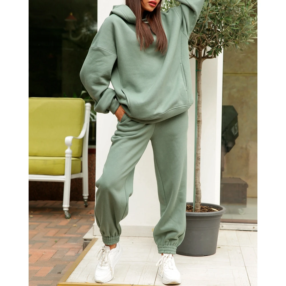 

Casual Women Thickened Long Sleeve Hooded Sweatshirt & Drawstring Pants Set Korean Style Sportswear Two Pieces Tracksuit Set