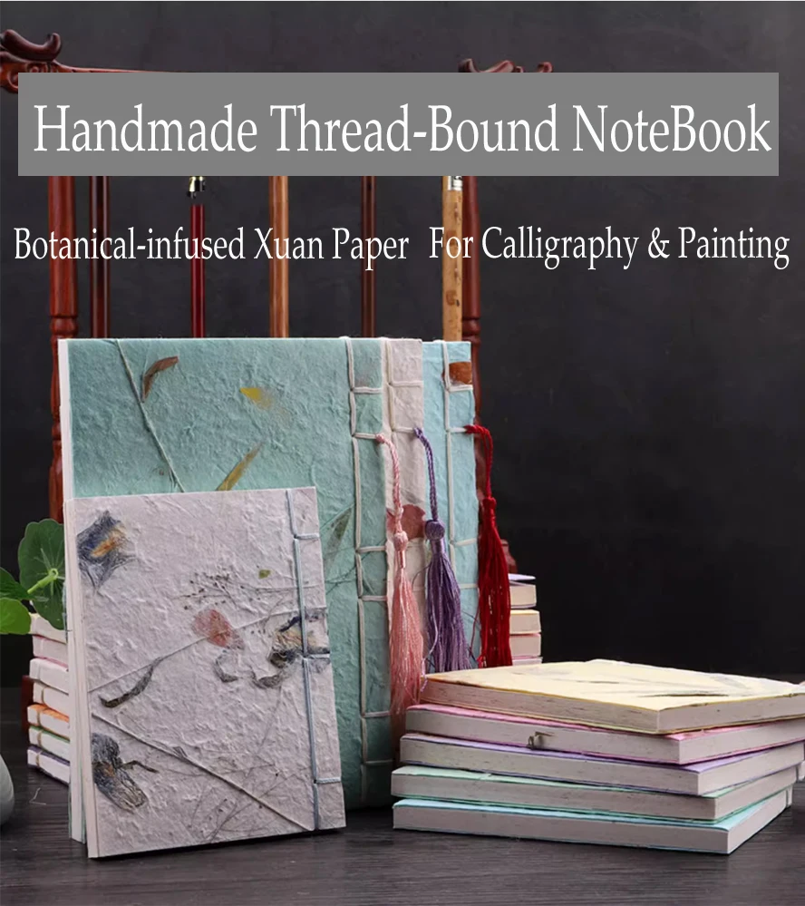 Handmade Thread-Bound Notebook with Pressed Flowers & Tassel,Art Floral Xuan Paper for Chinese Calligraphy, Drawing & Journaling
