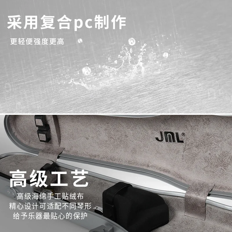 Triangle Violin Case 4/4 3/4 Reinforced PC Hard Case Lightweight Shockproof Plush Lining 2 Bow Holders Neck Strap Travel