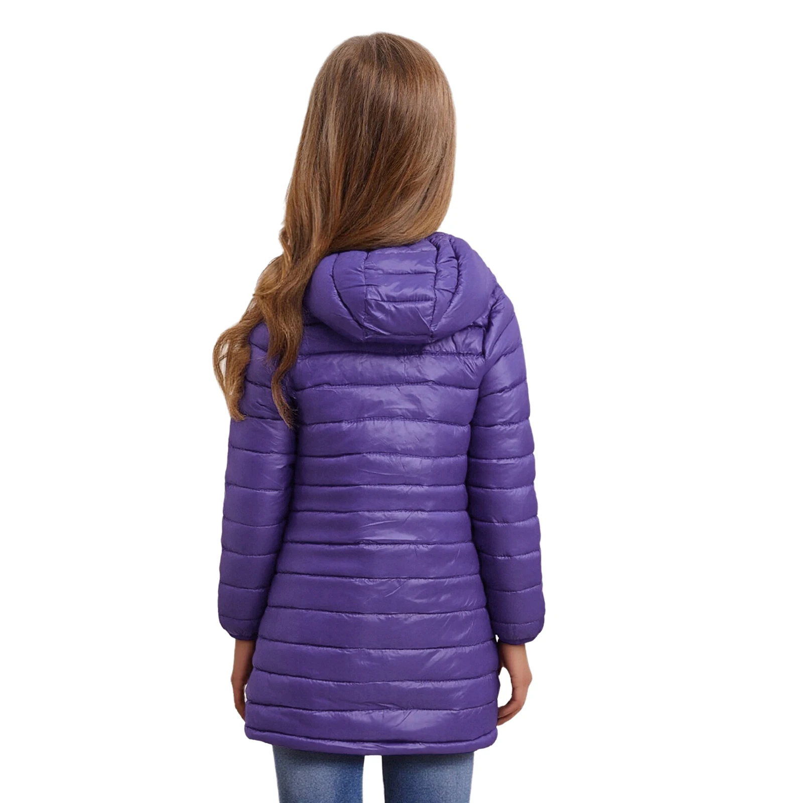 Kids Girls Hooded Padded Coat Winter Warm Long Sleeves Elastic Cuffs Zipper Solid Color Overcoat Packable Outerwear with Pockets