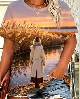Women Fall Country Biking T‑Shirt, Friends Cycling Sunset Maple Leaf Graphic Casual Short Sleeve Tee for Daily Outfit