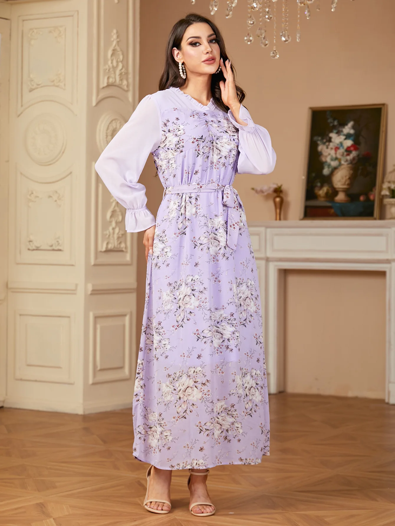 Vestido largo de gasa con estampado Floral de Arabia Saudita para mujer, Abaya musulmana, caftán turco, vestido de fiesta de Dubái, bata islámica Jalabiya 2024