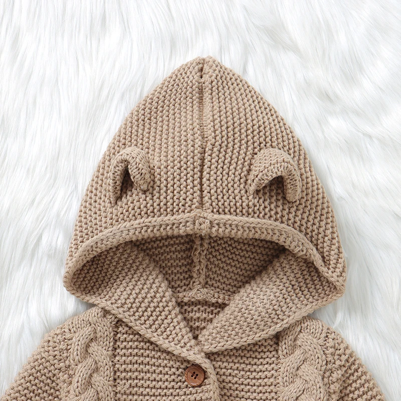 Autumn Baby Rompers Clothes Winter Solid Hooded Long Sleeve Knit Newborn Boys Girls Sweaters Jumpsuits 0-18m Infant Netural Wear