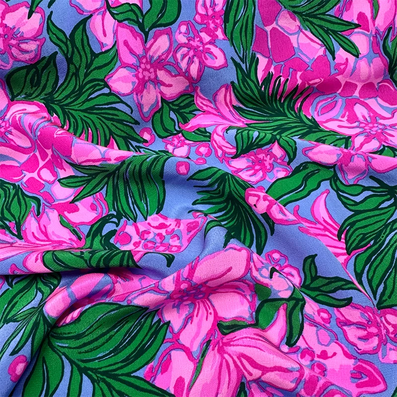 

1 meter 100% Mulberry Silk 16 momme Crepe Silk Fabric Blue with Floral Printed 140cm 55" wide by the yard JX200