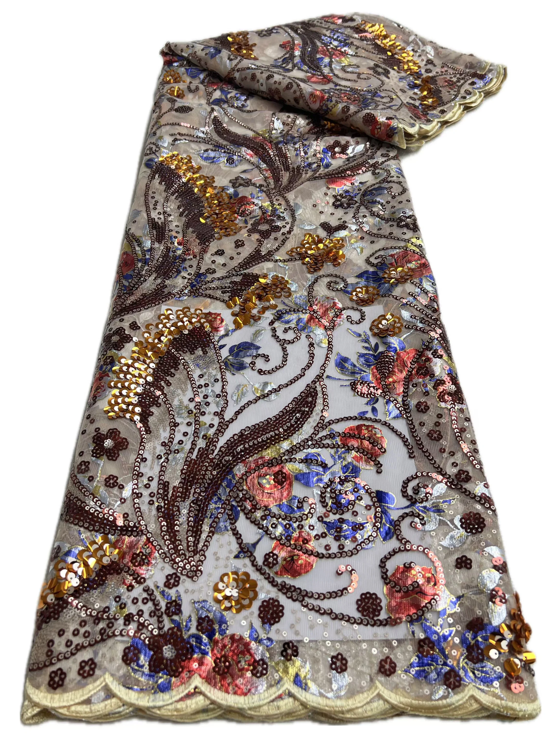 

African lace Print Fabric embroidered sequin Lace Fabric High Quality 2025 French tulle Lace Nigerian bridal party dress