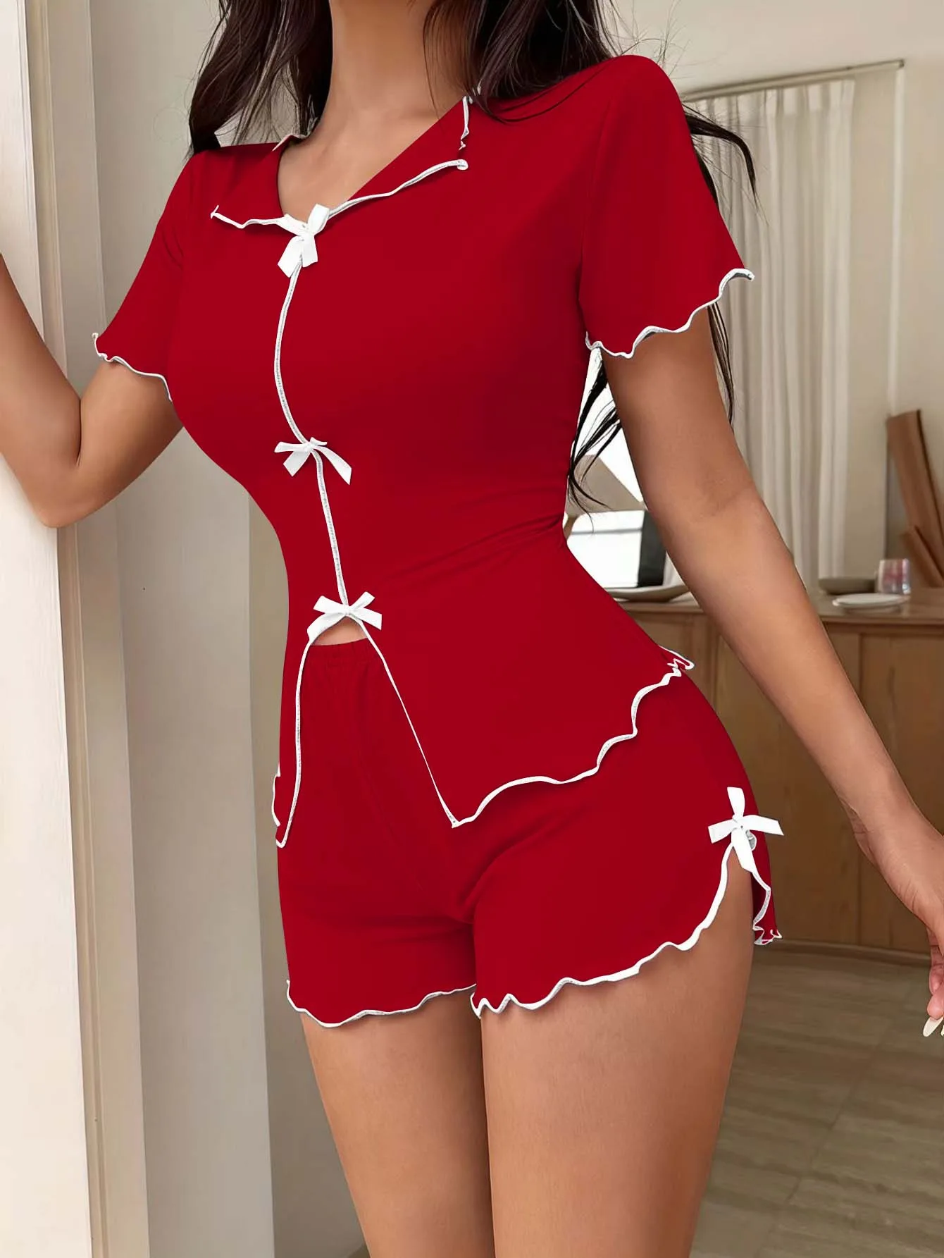 

Women's Short Sleeved Shorts, Pajamas, Home Wear Set, Bow Tie Sexy V-Neck Slim Fit Elastic Home Wear, Pajamas Two-Piece Set